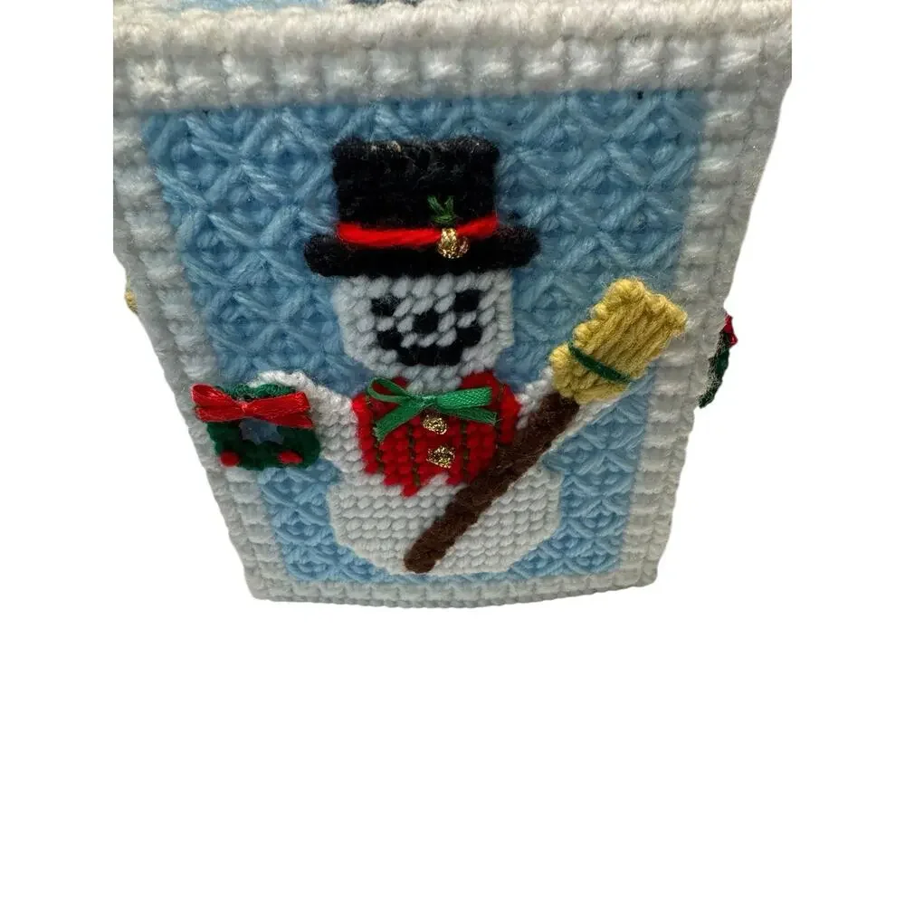 VTG Needle Point Plastic Frosty Snowman Tissue Box Cover Completed Grannycore
